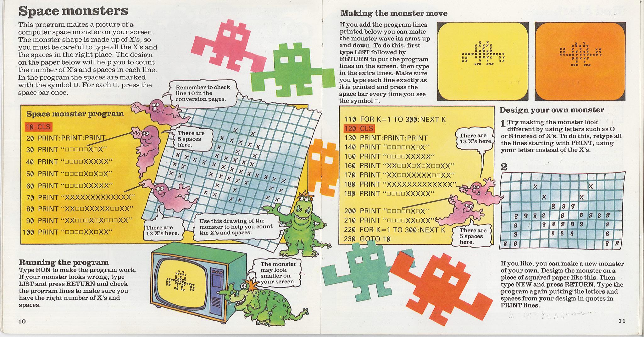 Pages 10 and 11 from the book Computer Fun. This describes the program needed to create a Space Monster using BASIC and then make the space monster move.