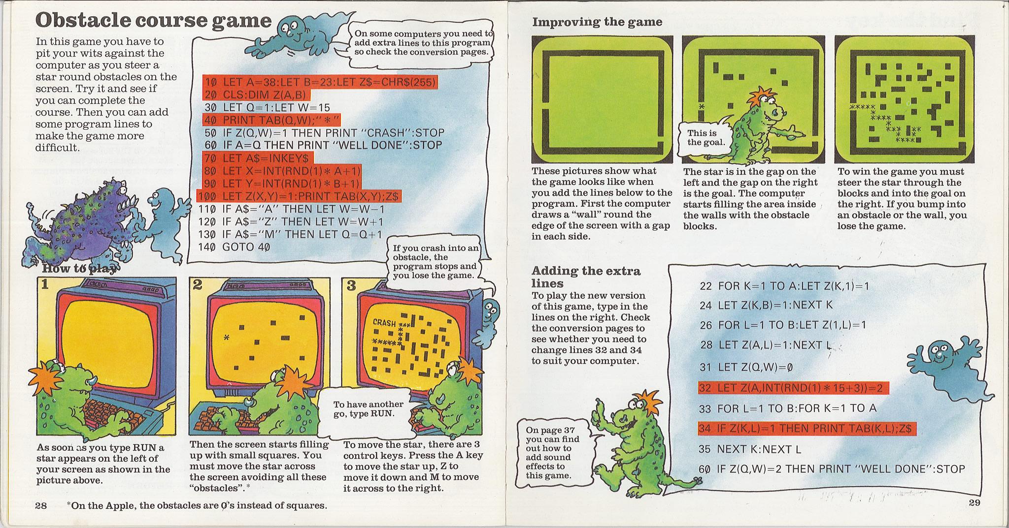 Pages 28 and 29 from the book Computer Fun. This describes creating an obstacle course game using BASIC.